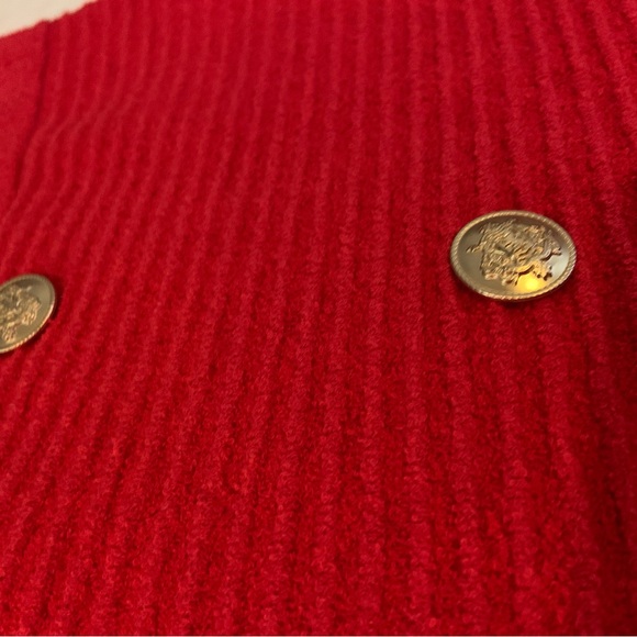 J. Crew Red Faux Wrap Stretch Sweater Gold Buttons Skirt Frayed Hem XL - Picture 7 of 11